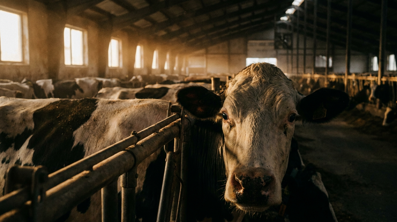Una vaca Holstein mira a través de los barrotes metálicos de un establo industrial, con una expresión que sugiere confinamiento y fatiga.