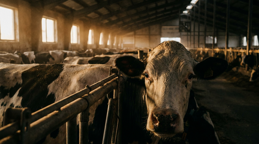 Una vaca Holstein mira a través de los barrotes metálicos de un establo industrial, con una expresión que sugiere confinamiento y fatiga.