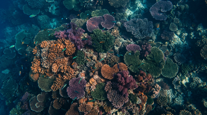 Un ecosistema de arrecife de coral profundo, lleno de corales de colores vibrantes y vida marina, iluminado por una luz solar tenue que penetra las aguas profundas.