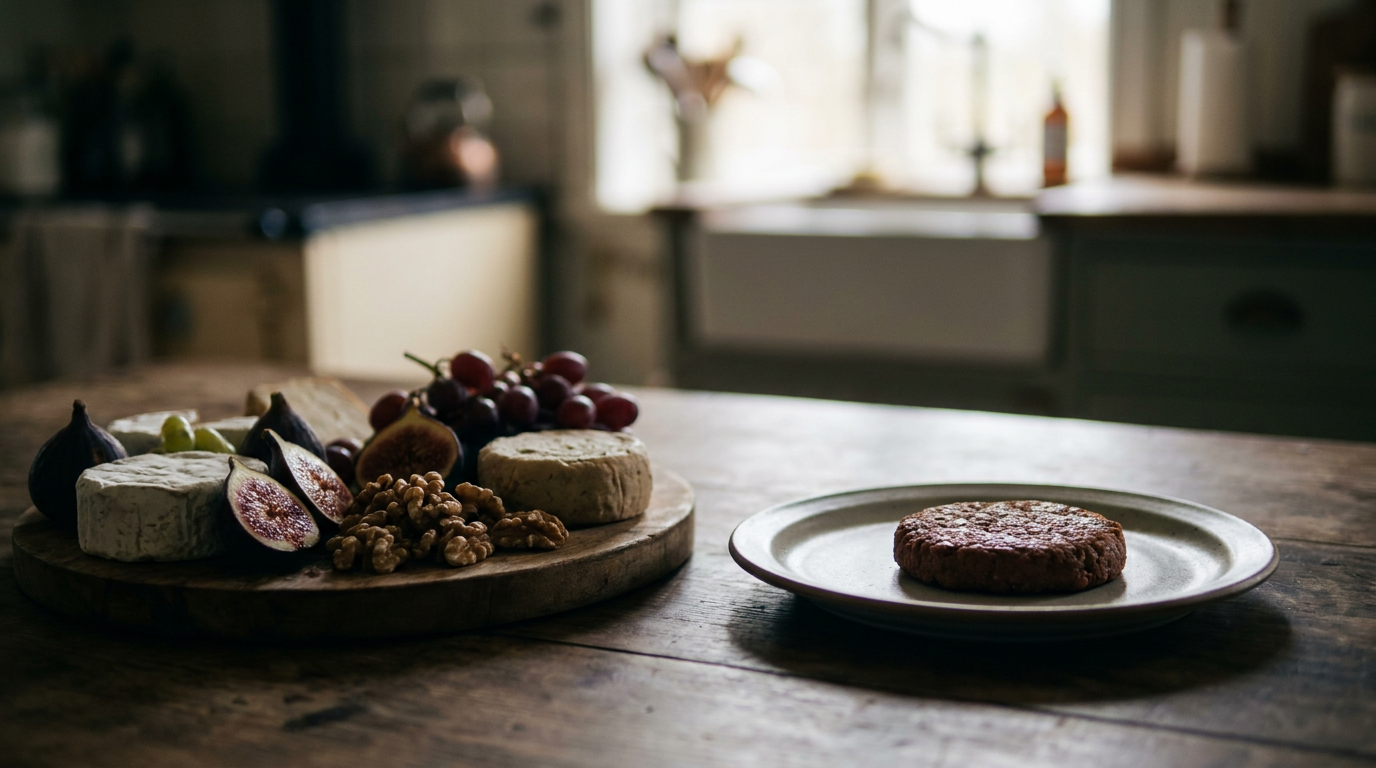 Una tabla de quesos veganos artesanales junto a una hamburguesa vegetal, mostrando el contraste entre productos procesados y especializados en el mercado plant-based.