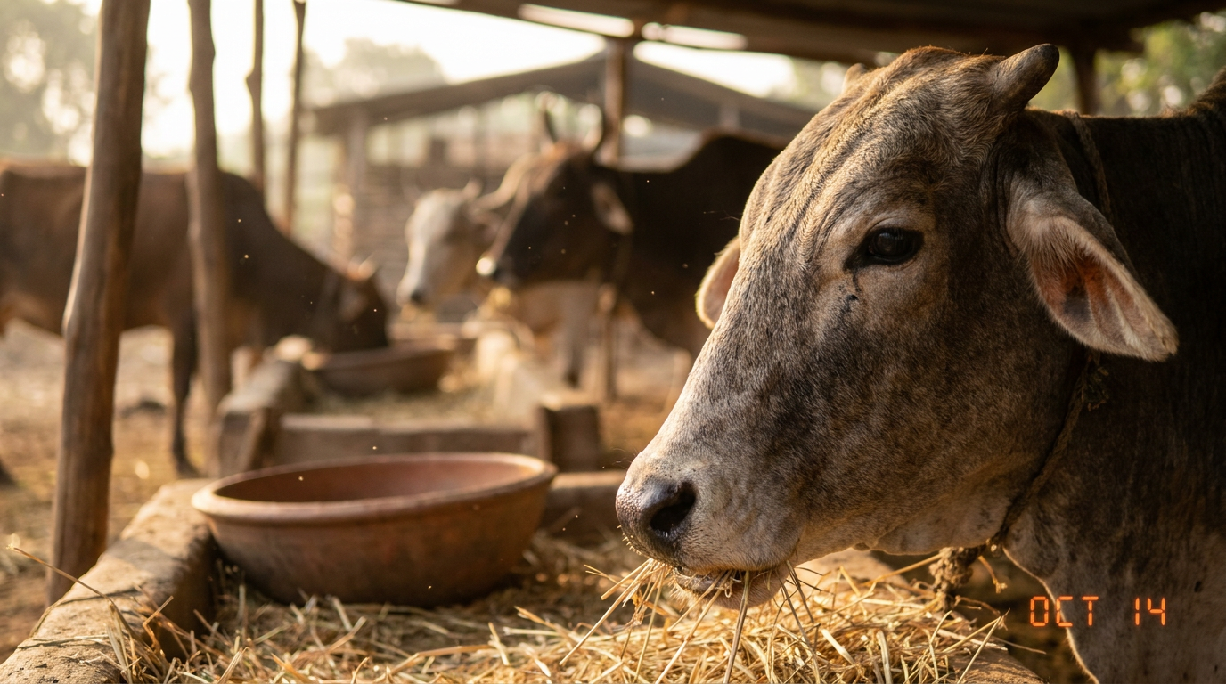 महाराष्ट्रातील एका गोशाळेत सकाळच्या वेळी चारा खात असलेली अनेक भारतीय देशी गायी; सुटका केलेल्या जनावरांच्या पुनर्वसनाच्या समस्येचे प्रतीक.