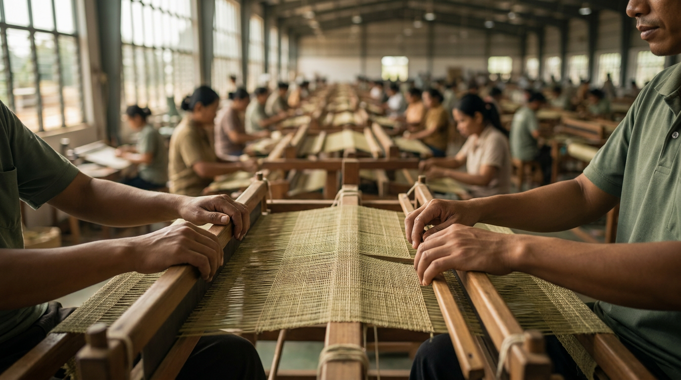 Eine Luftaufnahme einer großen, modernen Textilfabrik, in der Arbeiter an ihren Plätzen sitzen und die globale Lieferkette repräsentieren, für die das EU-Gesetz gilt.
