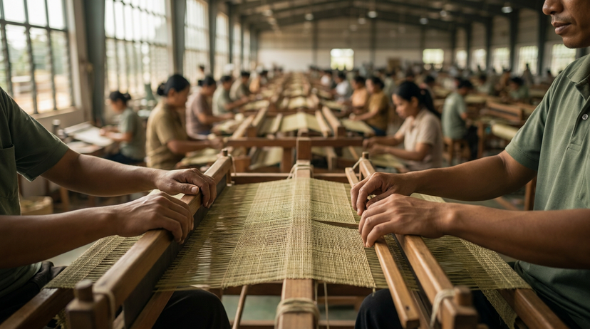 Eine Luftaufnahme einer großen, modernen Textilfabrik, in der Arbeiter an ihren Plätzen sitzen und die globale Lieferkette repräsentieren, für die das EU-Gesetz gilt.
