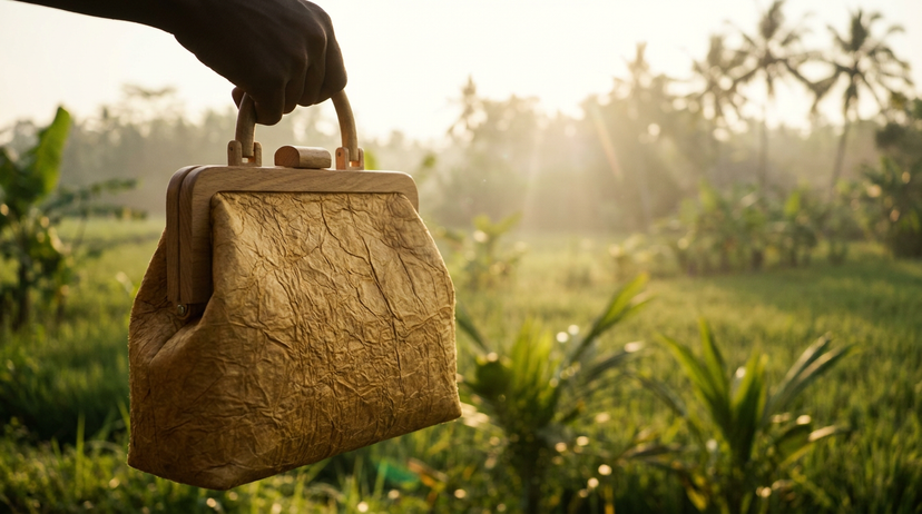 Bolso de mano elegante hecho de cuero vegano Piñatex, mostrando la textura innovadora y sostenible de las alternativas al cuero animal.