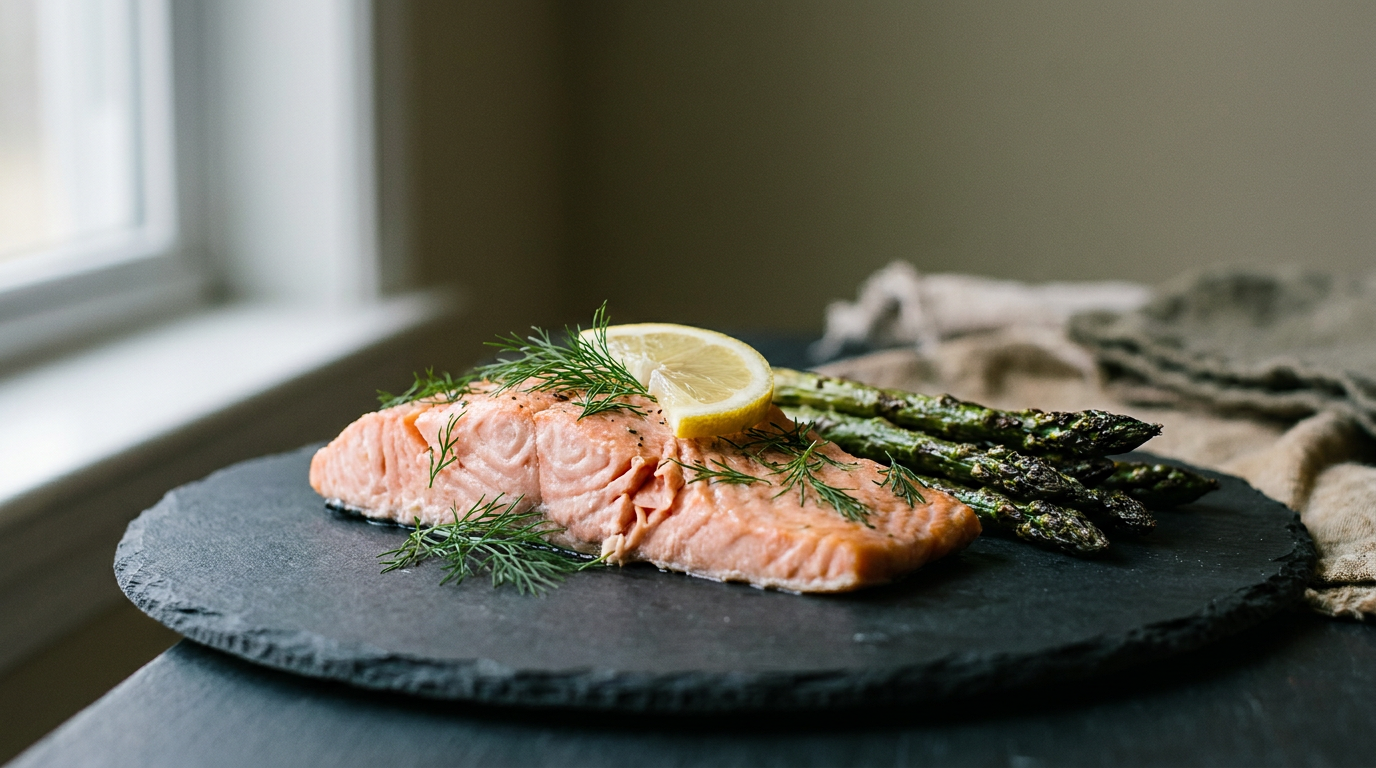 Ein appetitlich angerichtetes Filet einer pflanzlichen Fischalternative mit Dill und Zitrone, das eine nachhaltige Option zum Schutz der Meere darstellt.