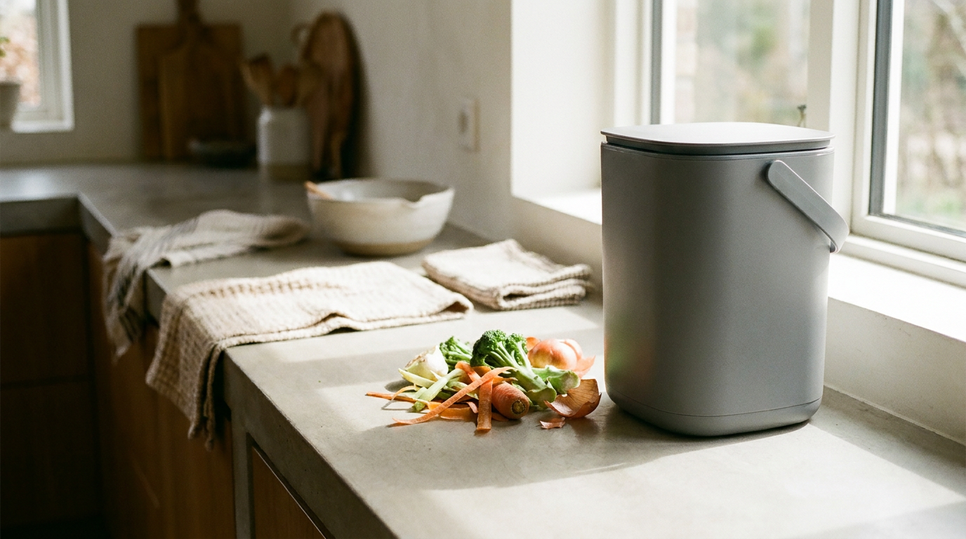 Ein moderner, grauer Bokashi Eimer steht in einer hellen Küche bereit, um pflanzliche Abfälle zu kompostieren und so zur Zero-Waste-Bewegung beizutragen.
