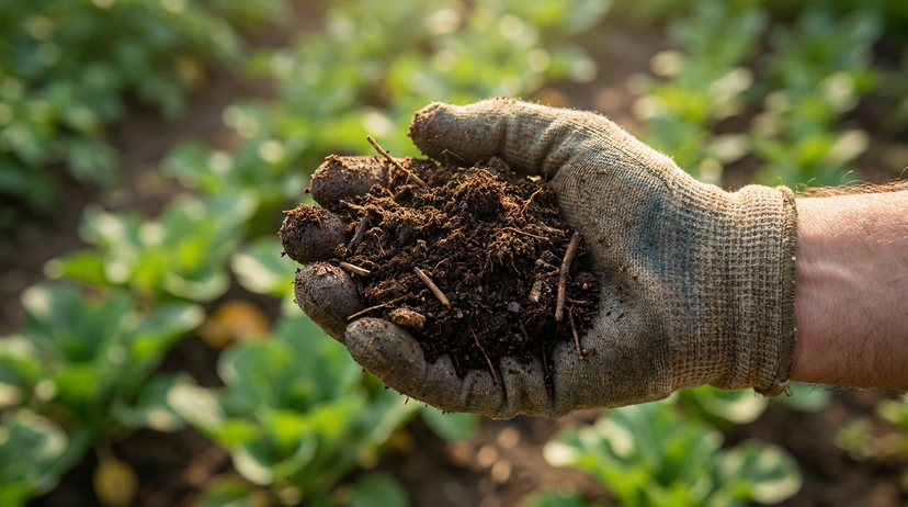 Une main tenant du compost de haute qualité, une illustration des avantages du compostage à domicile pour un sol riche et un jardinage durable en France.