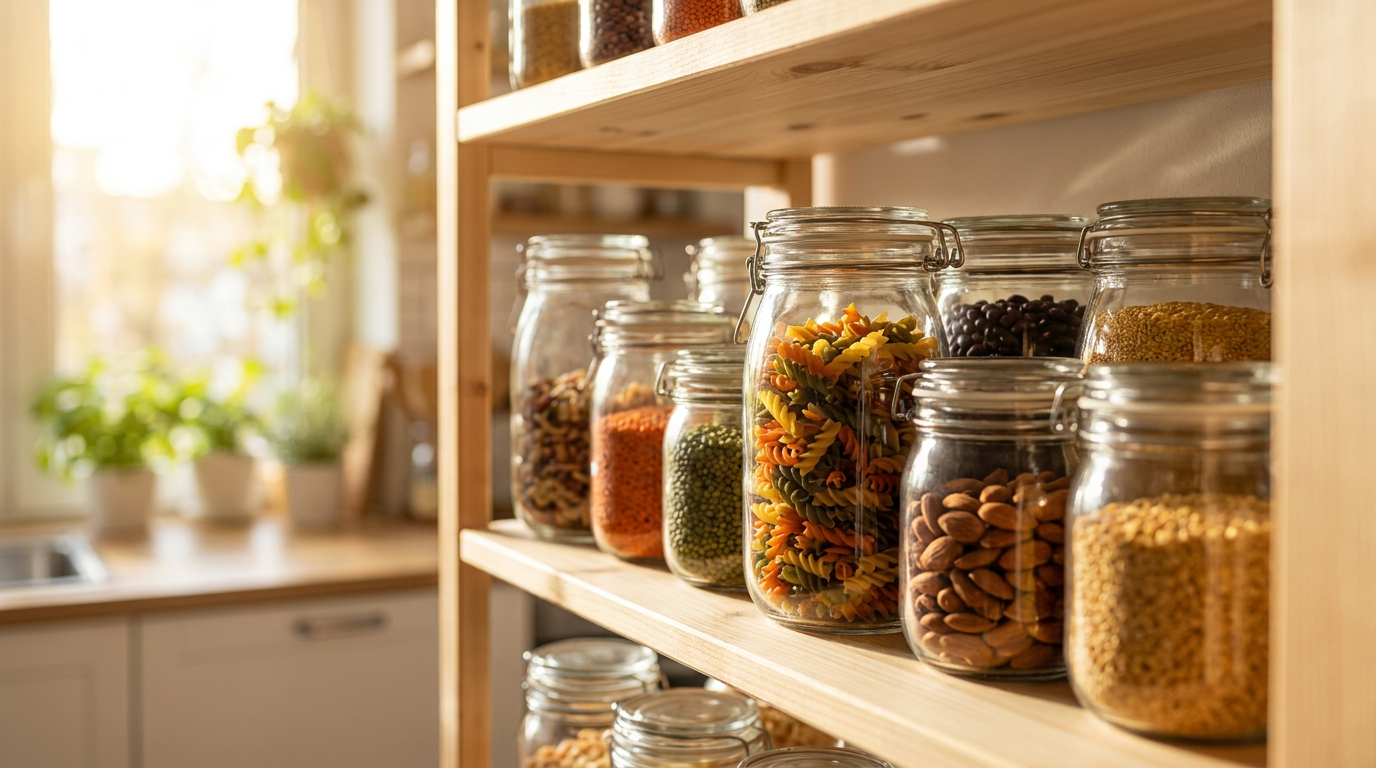 Una dispensa ordinata che rappresenta una cucina zero waste, con barattoli di vetro pieni di legumi, pasta e semi acquistati sfusi.