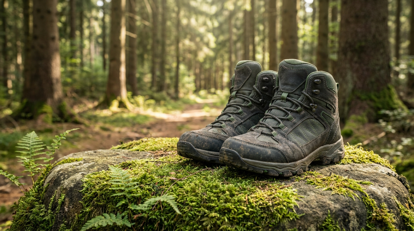 Ein Paar der besten veganen Wanderschuhe für 2026, abgestellt auf einem Felsen auf einem Wanderweg im deutschen Wald, bereit für das nächste Abenteuer.