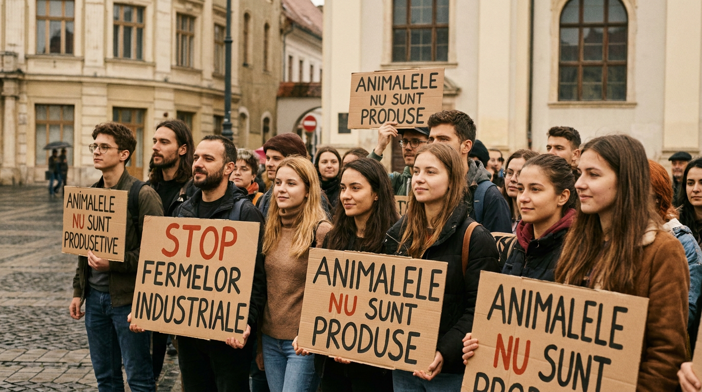 Un grup de persoane participând la un marș pașnic de activism pentru drepturile animalelor, ținând pancarte cu mesaje etice și de mediu.