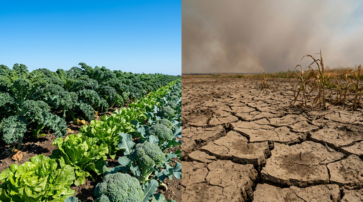 Isang paghahambing ng luntiang bukirin ng gulay at tuyot na lupa, na nagpapakita ng epekto ng meat consumption sa climate change at ang benepisyo ng plant-based na pagkain.