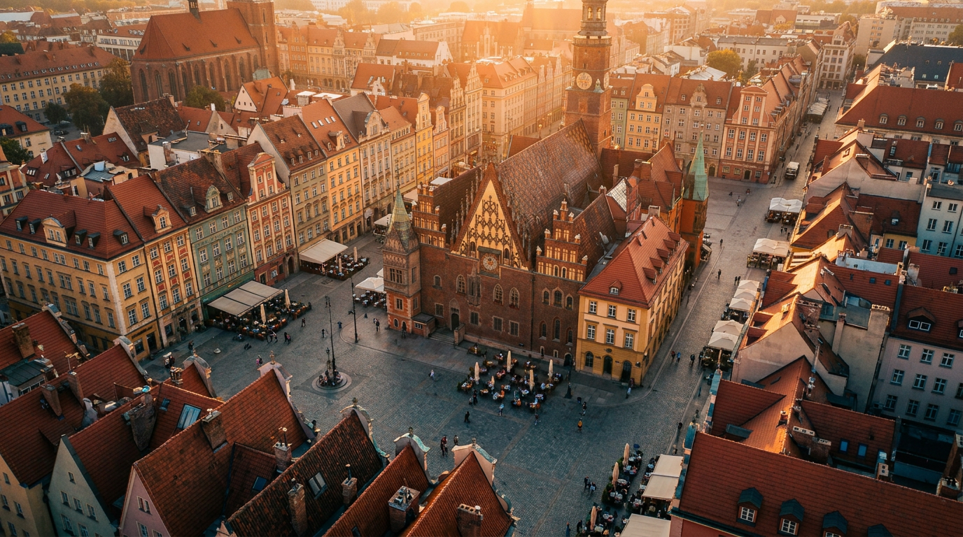 Rynek we Wrocławiu o zachodzie słońca, idealne miejsce na rozpoczęcie wegańskiej podróży po Polsce.