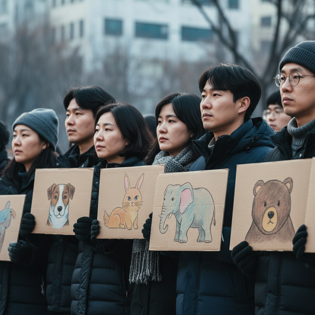 서울 거리에서 동물권 후원 방법을 실천하는 시민들의 평화로운 집회 장면