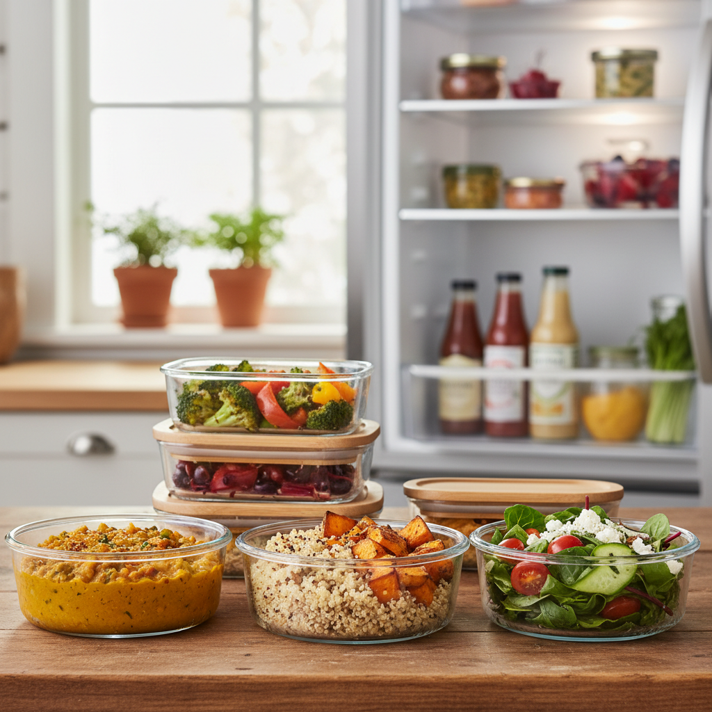 Meal-prep végétal en période de canicule avec boîtes repas au réfrigérateur