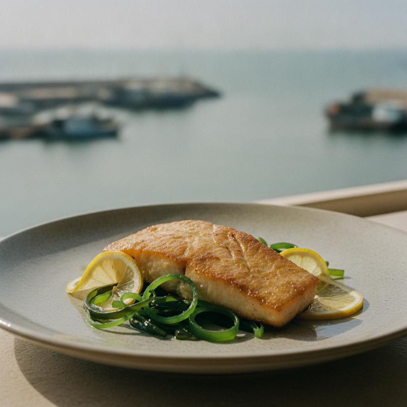 植物海鲜料理与中国沿海渔港背景,体现海洋保护与可持续饮食