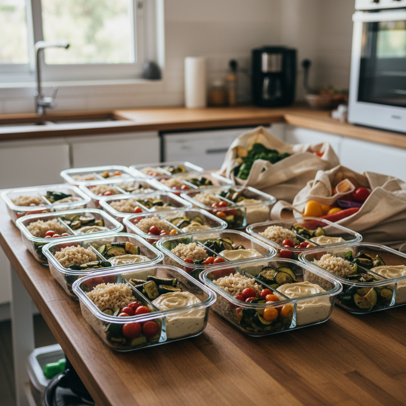 meal prep טבעוני במטבח ישראלי עם קופסאות קטניות, אורז וירקות לשבוע