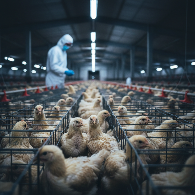 Rezistența la antibiotice în ferme industriale, hală avicolă aglomerată în România