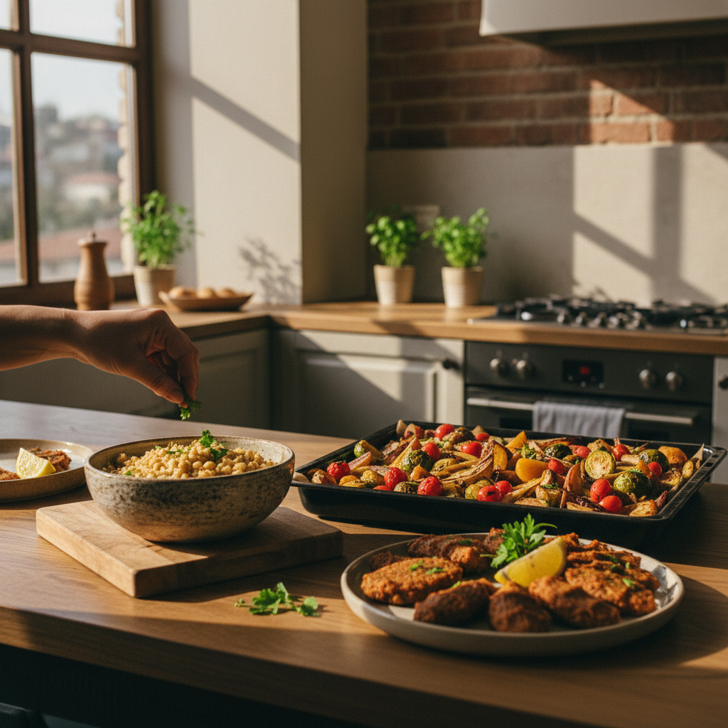 Vegan hafta içi akşam yemekleri için nohutlu pilav ve fırın sebze sofrasi