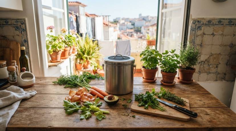 Compostagem doméstica em apartamento com restos de legumes numa cozinha em Lisboa