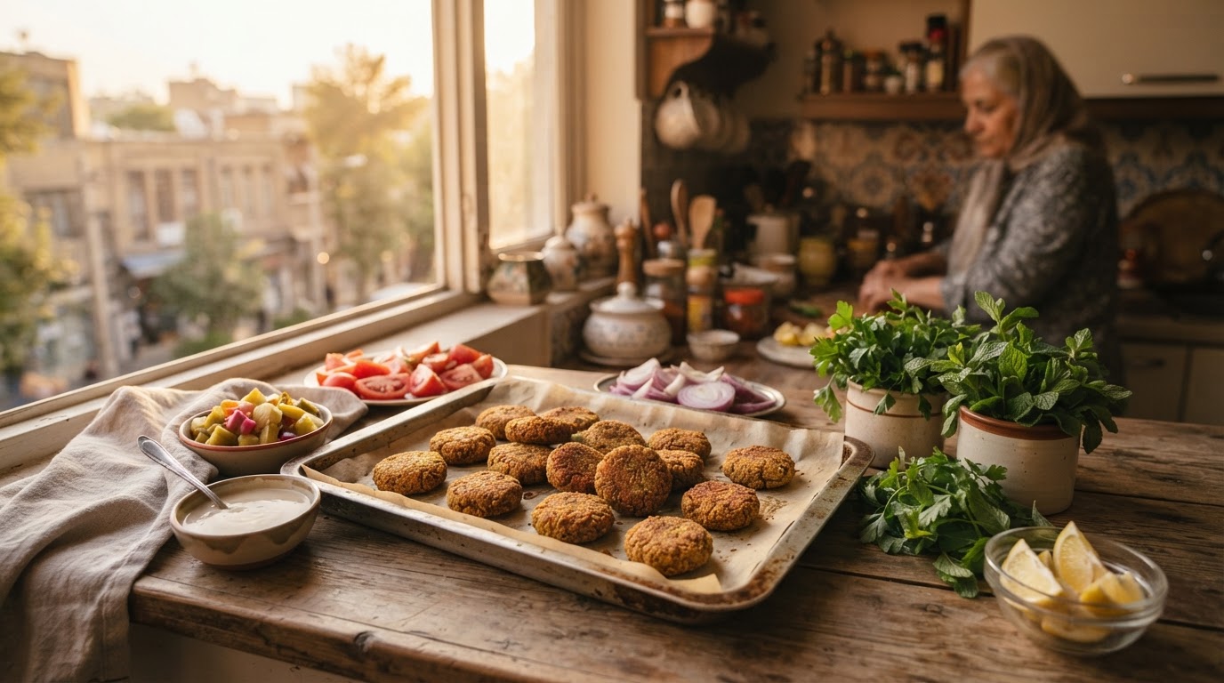فلافل ترد و روغنکم در فر با سس کنجد و سبزی تازه
