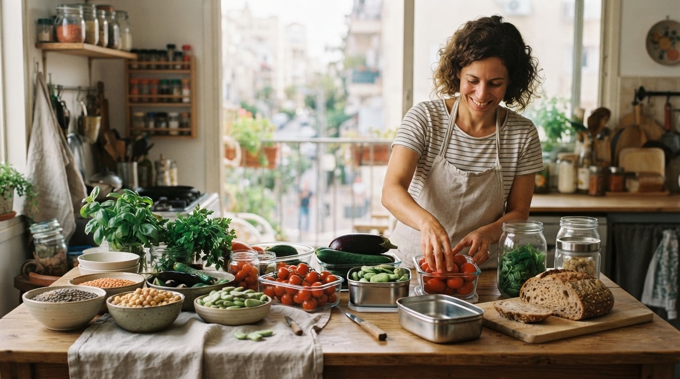 פליטות מזון ותזונה מבוססת צומח עם קטניות וירקות במטבח ביתי