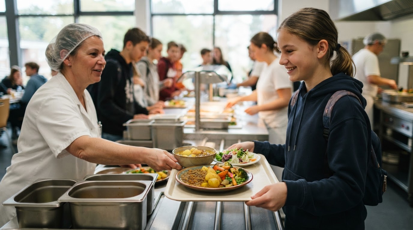 Pflanzliches Schulessen in deutscher Mensa mit Gemüse, Hülsenfrüchten und Vollkorn