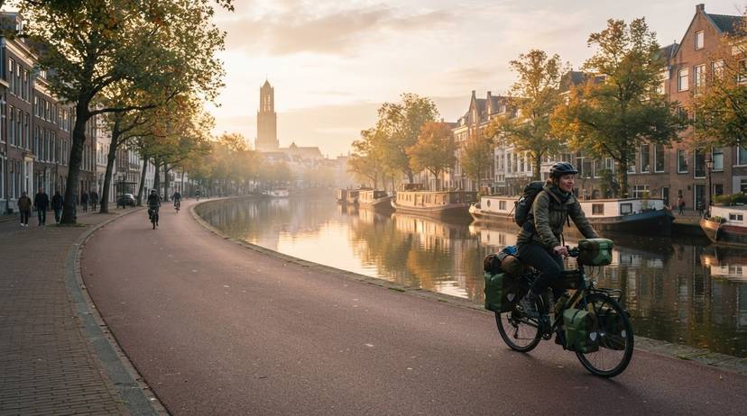 Vacanță vegană cu bicicleta în Olanda pe pistă velo urbană lângă canal