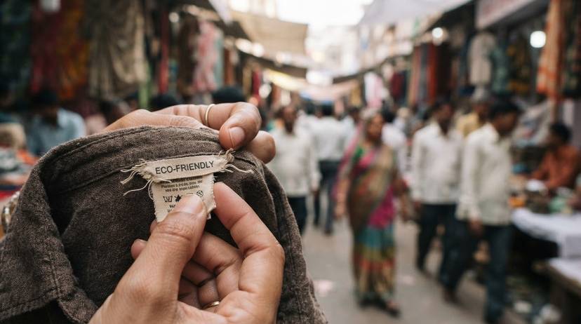 भारत में ग्रीनवॉशिंग का निरीक्षण करती हुई महिला, हरित फैशन के दावों पर सवाल उठाती हुई