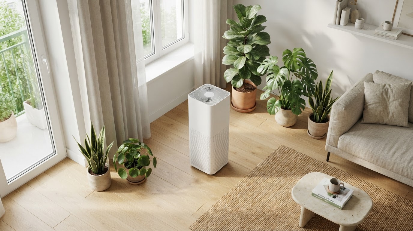 Xiaomi Smart Air Purifier 4 Pro สีขาวตั้งอยู่ในห้องนั่งเล่นพร้อมต้นไม้ฟอกอากาศเพื่อคุณภาพชีวิตที่ยั่งยืน