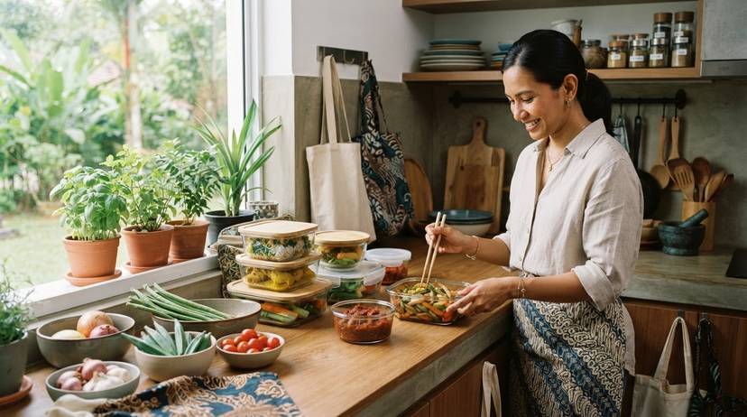 Dapur pekeliling berasaskan tumbuhan yang teratur di Malaysia, menunjukkan bahan segar tempatan dan pilihan sifar sisa untuk kemampanan.