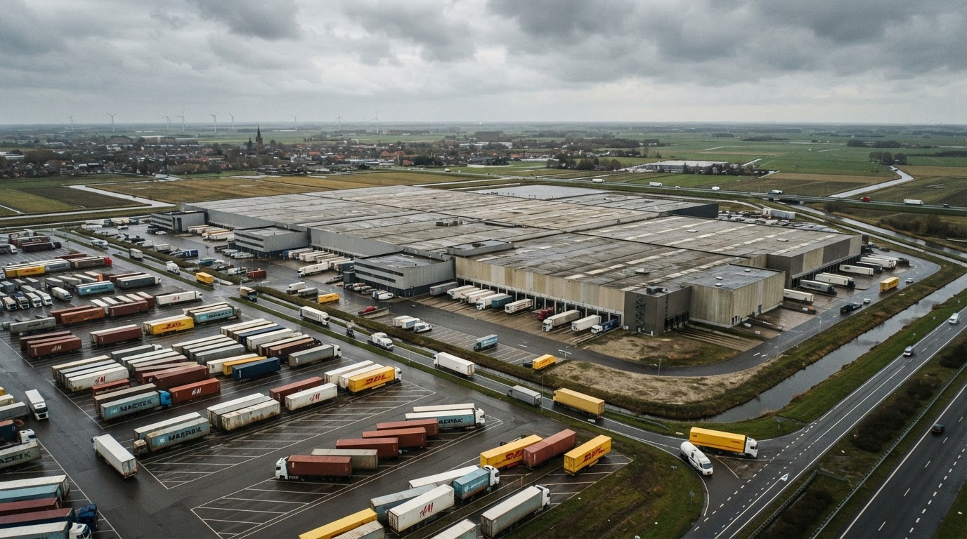 Groot fast fashion distributiecentrum in Nederland, trucks, kledingcontainers, grijze lucht
