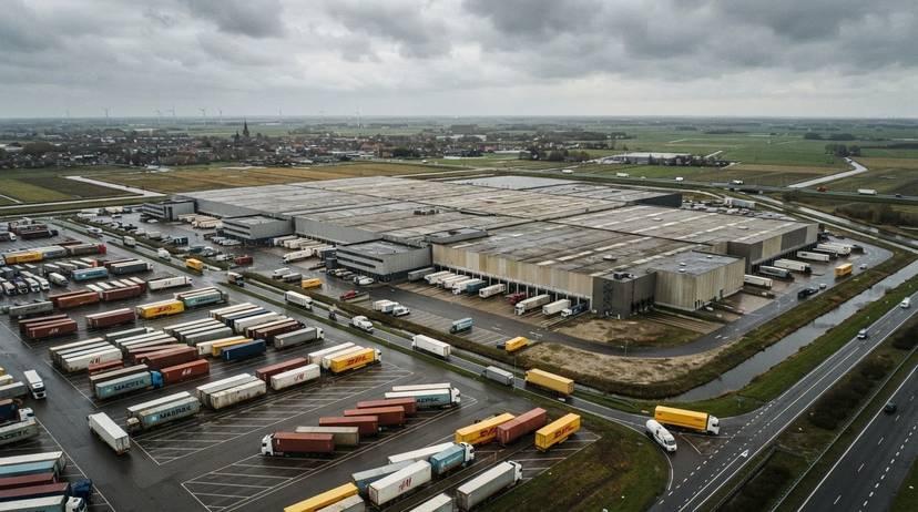 Groot fast fashion distributiecentrum in Nederland, trucks, kledingcontainers, grijze lucht