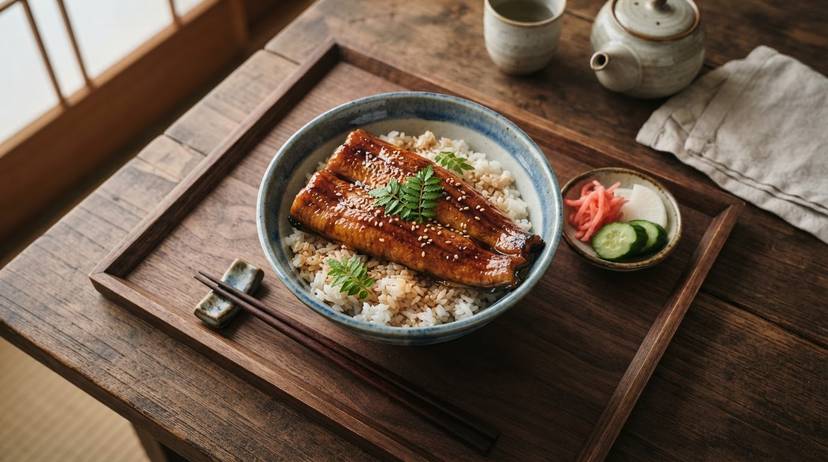 ご飯の上に盛り付けられた照りのあるプラントベース鰻風蒲焼きと山椒の葉