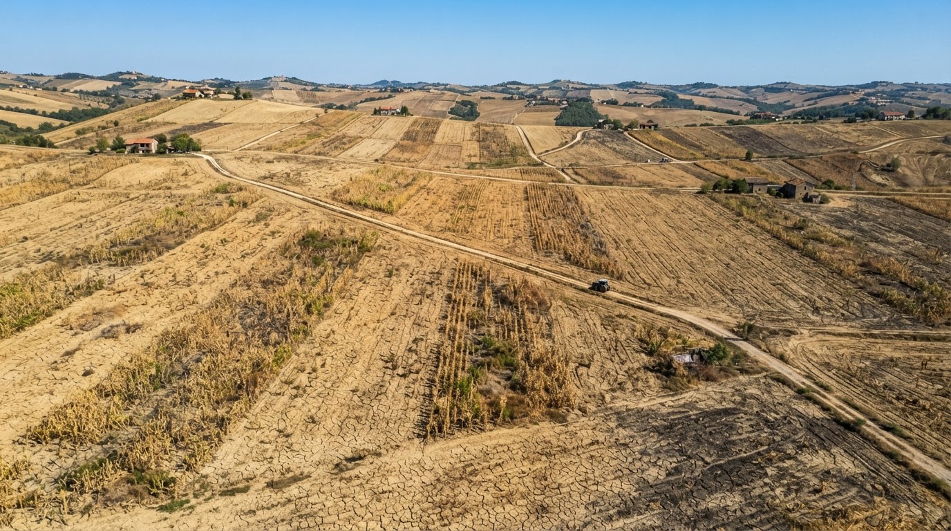 Paesaggio agricolo piemontese in siccità, campi secchi e suolo crepato che evidenzia la crisi idrica in Italia.