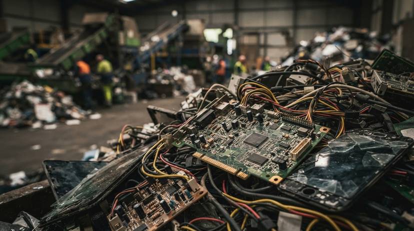 Pile of electronic waste in Poland showing circuit boards and old devices ready for recycling