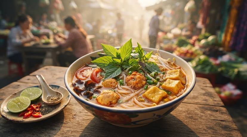 Bát Bún Riêu Chay hấp dẫn với nước dùng đỏ gạch, rau thơm tươi, đậu phụ chiên, và chanh ớt.