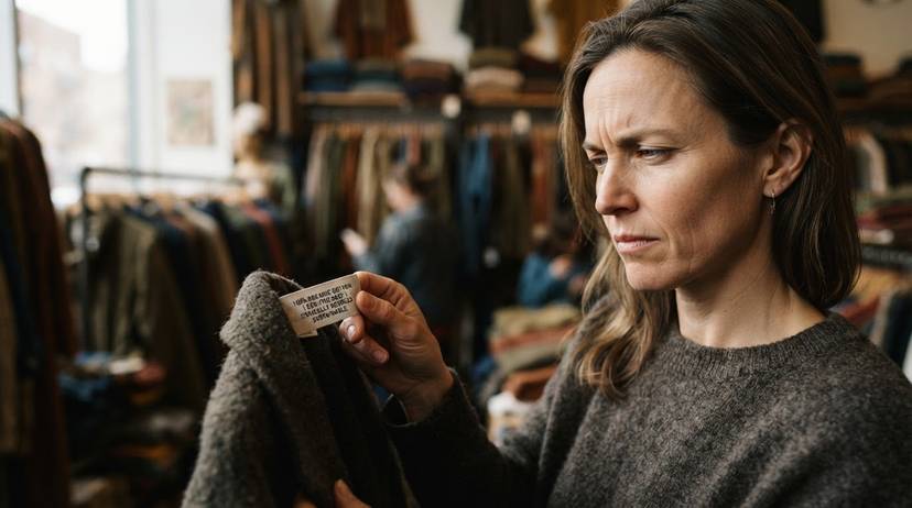 Vrouw onderzoekt 'eco-vriendelijk' kledinglabel, symbool voor greenwashing in de mode-industrie