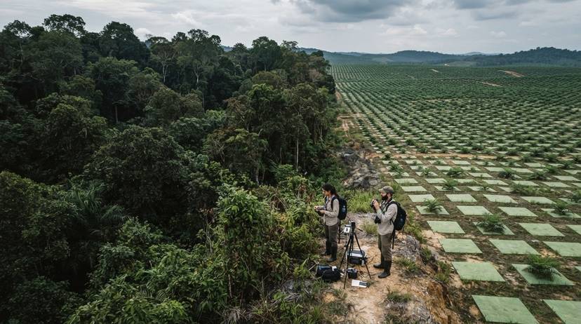Contrasto tra foresta pluviale e piantagione di palma da olio, con scienziati che valutano l'impatto ambientale.