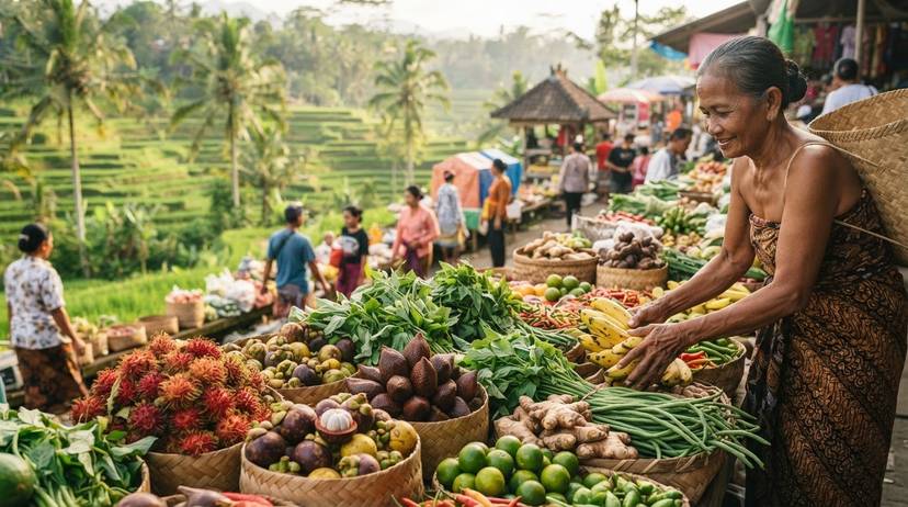 Pasar tradisional Bali dengan hasil bumi lokal segar, sumber makanan pokok untuk kuliner vegan.