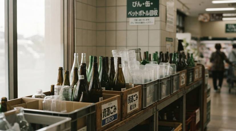 日本のスーパーマーケット内にある回収ステーションで整然と並べられた空きガラス瓶やプラスチック容器のデポジット制度のイメージ
