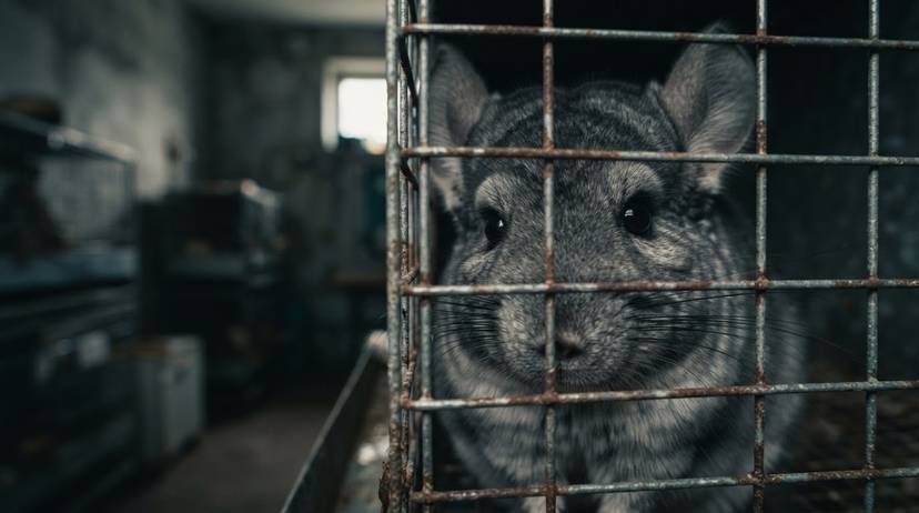 Trauriges Chinchilla-Gesicht hinter Käfiggittern in einer deutschen Pelzfarm