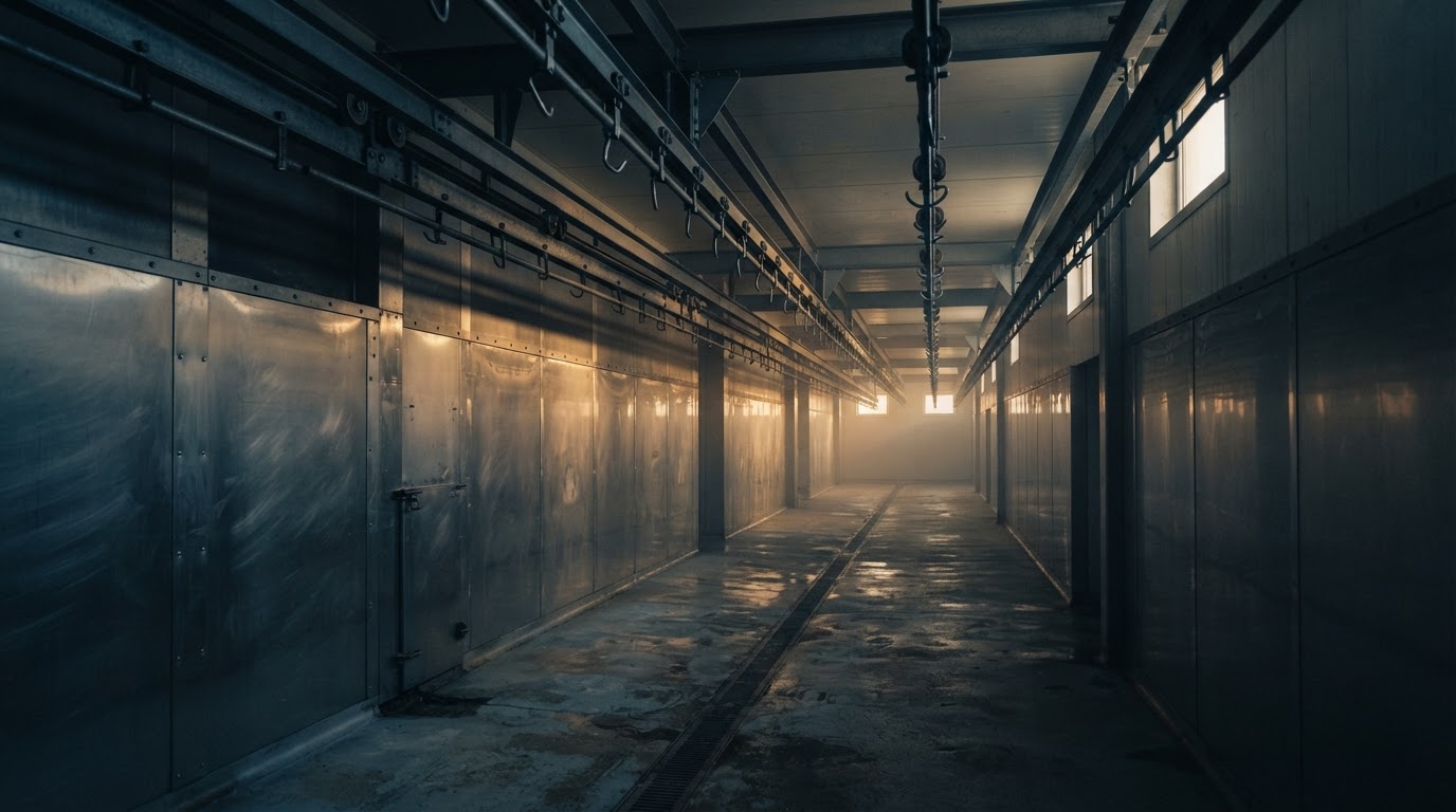 Couloir vide et stérile d'abattoir français, éclairage froid, murs en acier, rail aérien, absence de vie.
