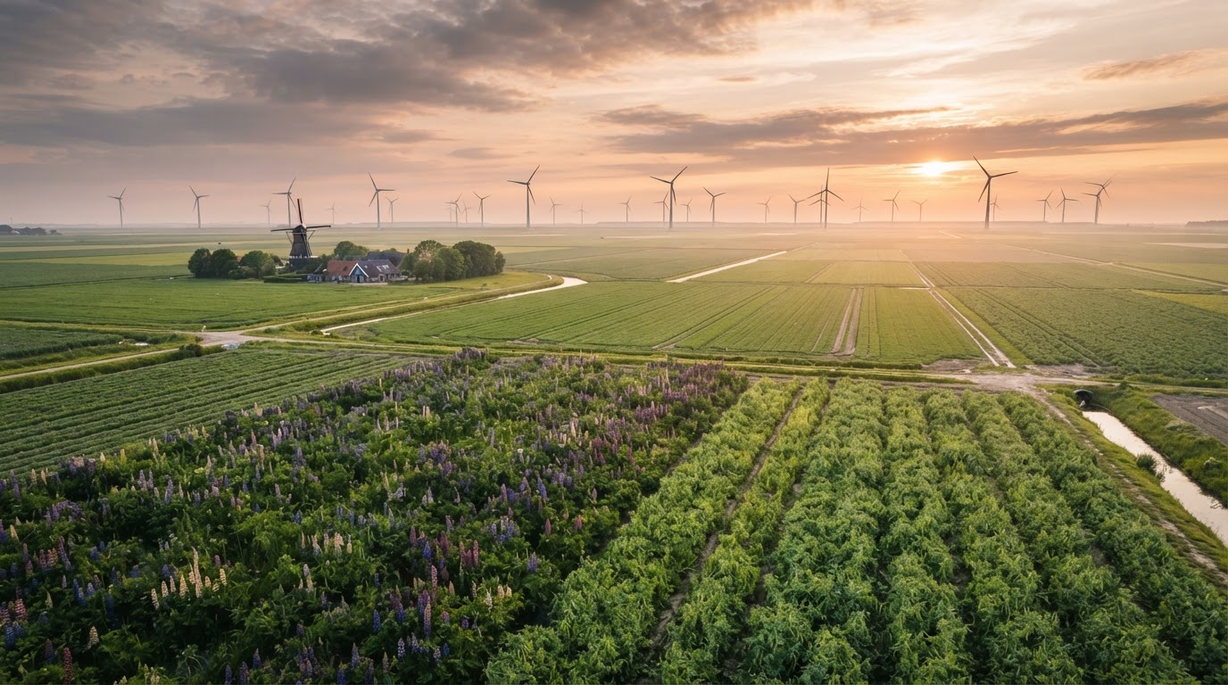 Nederlandse akkerbouw met lupine en windmolens als symbool voor plantaardige subsidies en duurzame landbouw.
