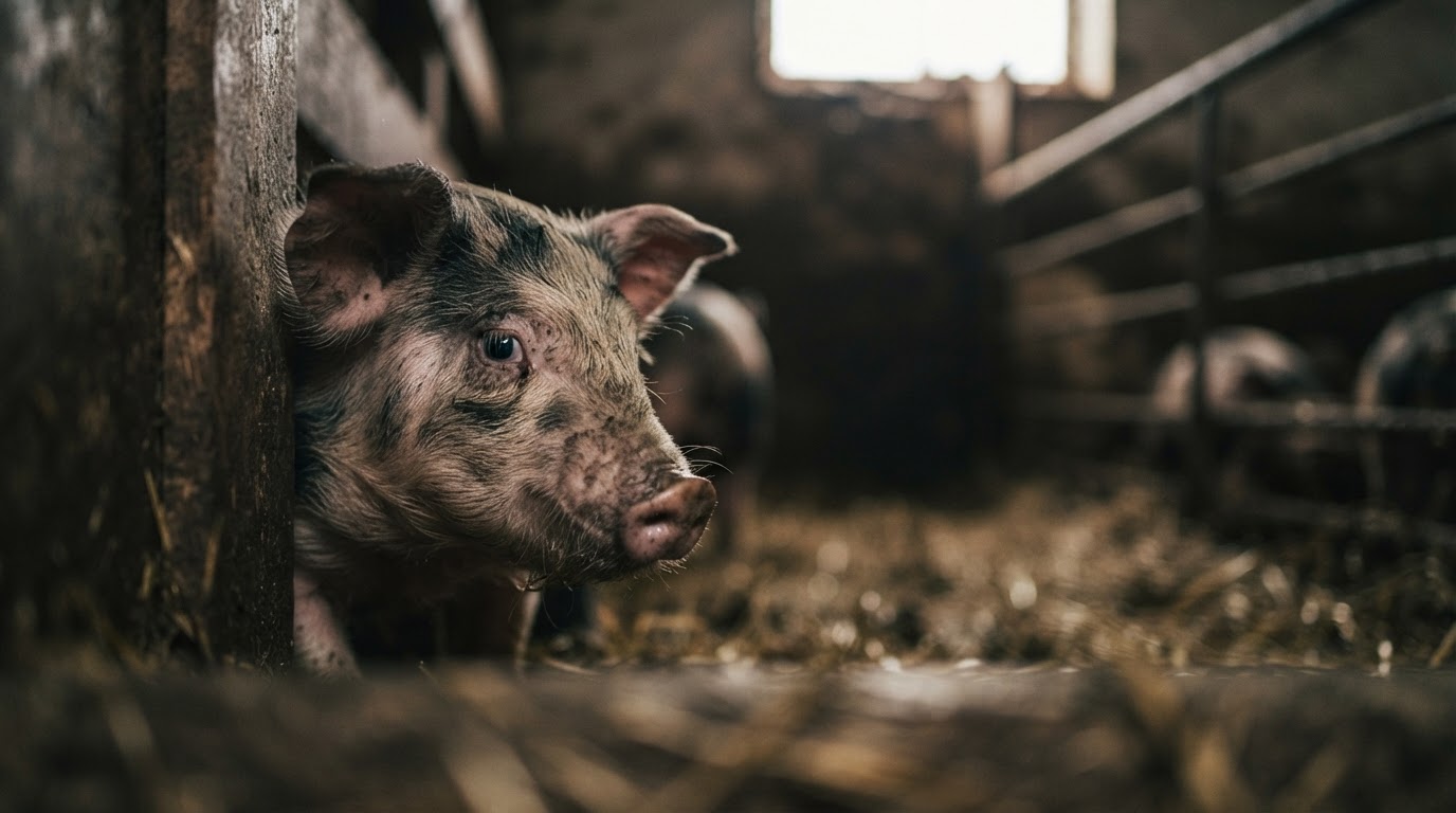 Młode prosię leżące w kojcu, bez znieczulenia, na tle słomy, symbolizujące okrutną praktykę.