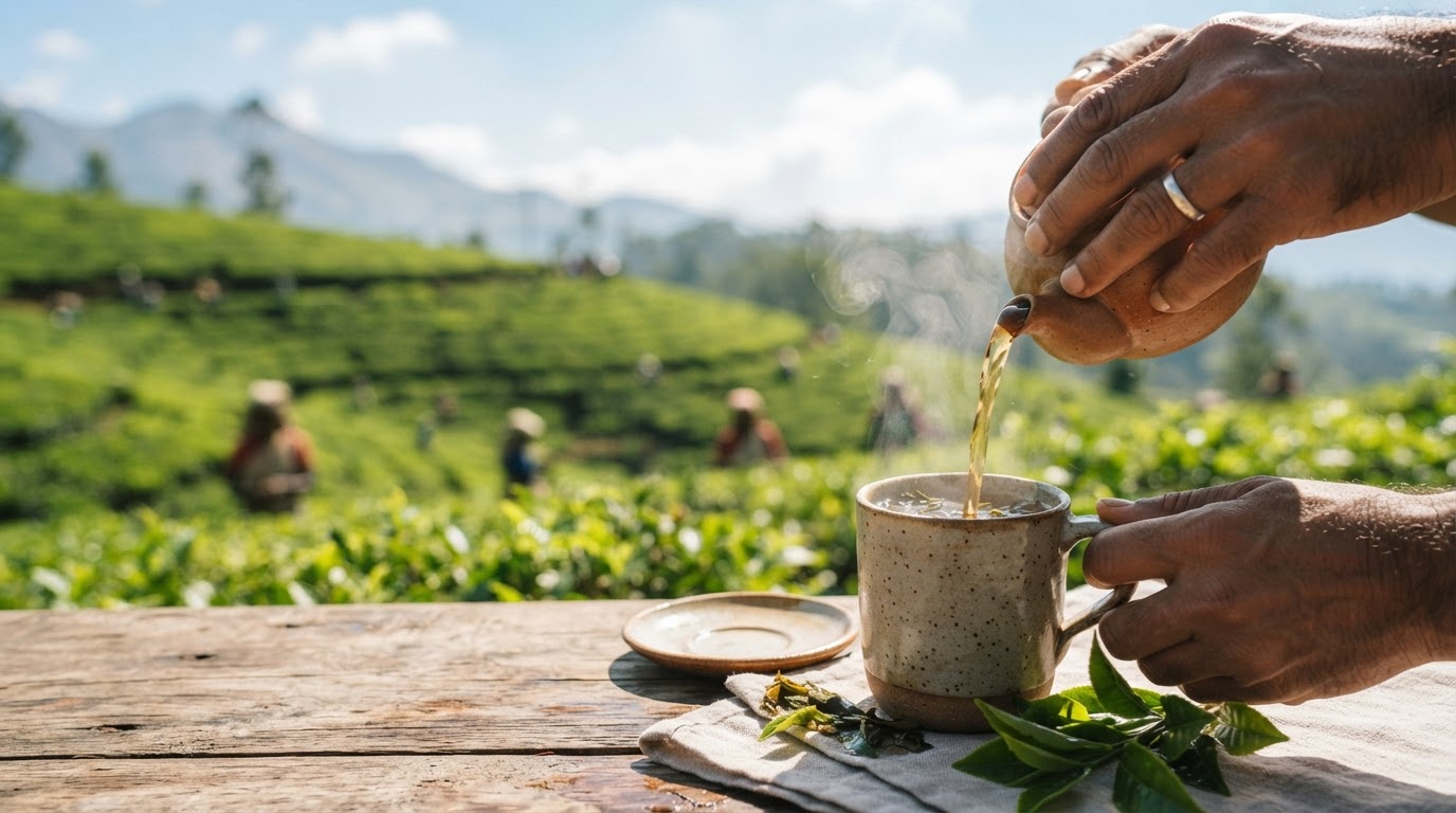 Picha ya chai ikimwagwa kwenye kikombe, ikiashiria uzalishaji endelevu na athari ndogo ya kimazingira ya kunywa chai.