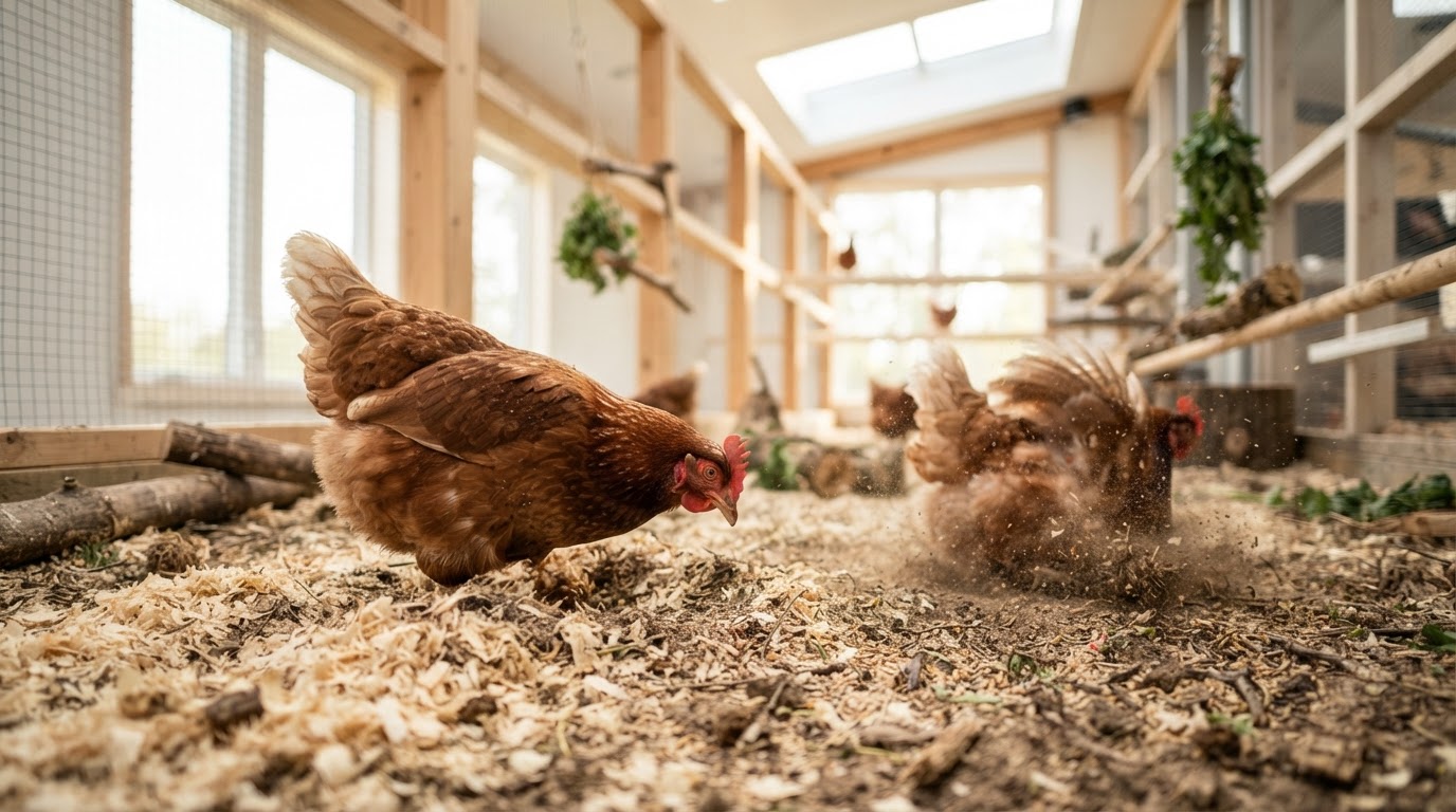 在现代化散养鸡舍中自由活动和觅食的蛋鸡,体现了家禽笼养禁令后的更高动物福利标准