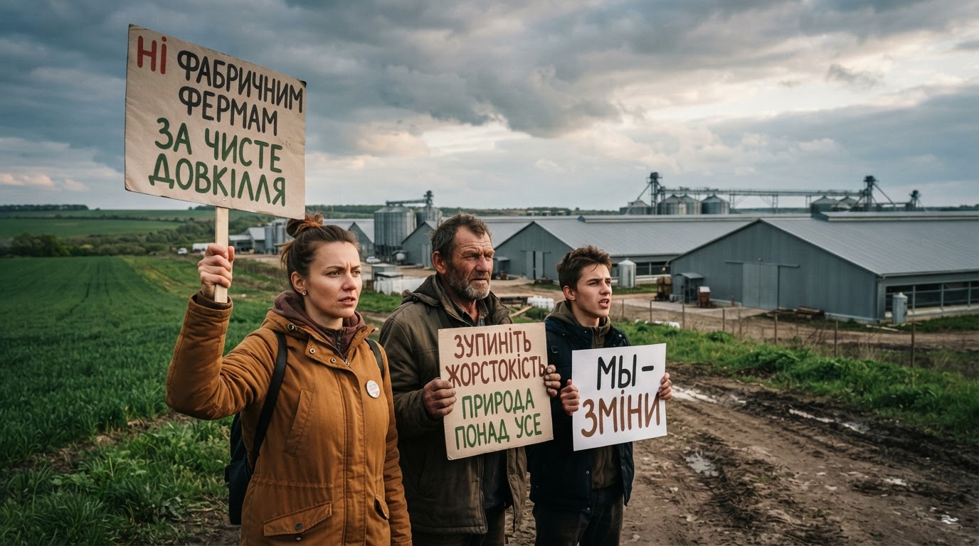Українські активісти протестують проти промислового тваринництва, тримаючи плакати за права тварин