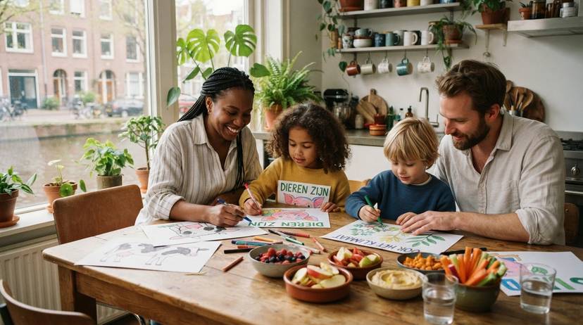 Een familie die met kinderen praat over dieren, vlees en zuivel aan de keukentafel, met planten en gezonde voeding op de achtergrond. Geschikt voor opvoeders.