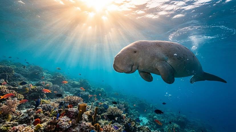沖縄のジュゴンがサンゴ礁の海を泳ぐ姿、絶滅危惧種の保護の象徴