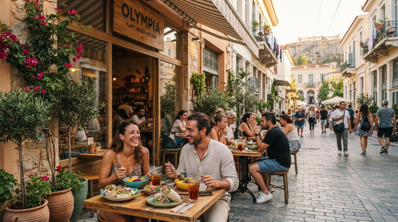 Βιγκαν καφέ στην Αθήνα, πελάτες απολαμβάνουν φυτικά γεύματα, ζωντανή ατμόσφαιρα